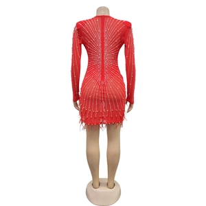 Detail of red bodycon dress featuring white pearl back beads and elegant feather trim
