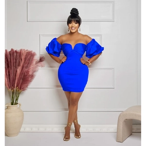 Detail of off-the-shoulder puff sleeves and pleated design on royal blue mini dress