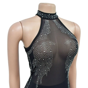 Detail of halter neck mesh panel with sparkling silver rhinestones on black dress