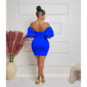 Detail of royal blue off-shoulder mini dress with puff sleeves and back zipper