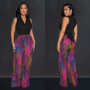 Women's chic V-neck sleeveless black top with geometric print wide-leg pants set