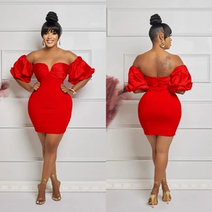 Red off-shoulder mini dress with puff sleeves and slim fit design for women