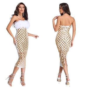 Front and back detail of a white midi bandage dress with gold sequins and feather trim