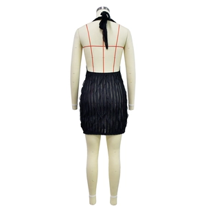 Detail of black halter backless dress with vertical ribbed wave mesh and hollow-out texture