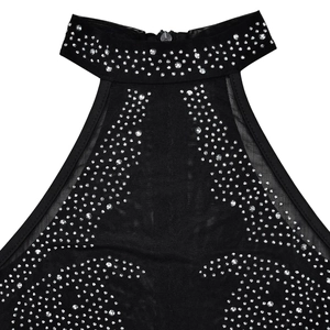 Close-up of black mesh halter top with sparkling silver rhinestone detailing and rear zipper