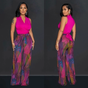 Women's V-neck sleeveless wrap top and colorful geometric print wide-leg pants set