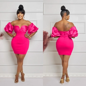 Front and back view of a rose pink off-shoulder mini dress with puff sleeves and ruching