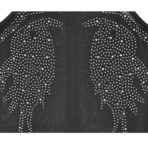 Detail of silver rhinestone wing pattern on black mesh sheer dress with sparkling finish