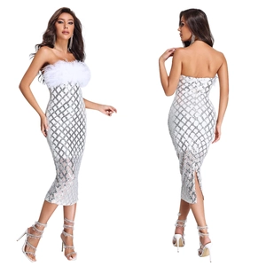 Front and back view of a white sequined midi dress with feathered tube top detailing