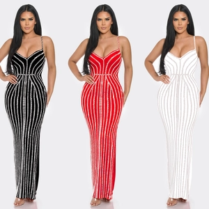 Women Sexy Rhinestone Bodycon Maxi Dress V Neck Spaghetti Strap Backless Elegant Evening Party Banquet Long Dress
