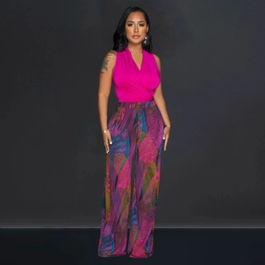 Detail of V-neck wrap sleeveless top and geometric print wide leg trousers set