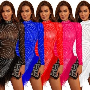 Detail of five colors mesh mini dress with rhinestones and ostrich feather trim hem