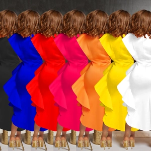 Rear view of ruffle hem dresses in black, blue, red, and orange vibrant colors