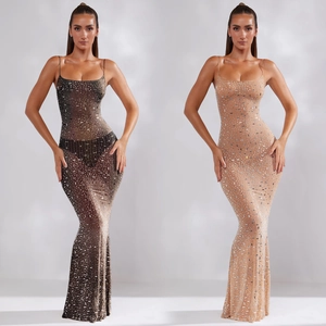 Robe longue sexy pour femme en maille avec strass élégante coupe ajustée dos nu sans manches fines bretelles robe de soirée banquet