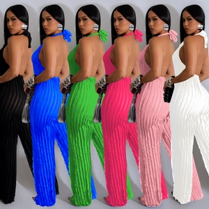 Collage of six colors for the backless pleated halter jumpsuit with wide leg design