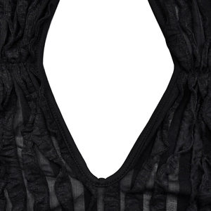 Detail of elegant black mesh dress featuring a deep V-neckline and pleated texture fabric