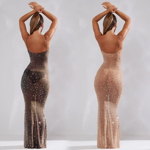 Détail de la robe de soirée en mesh montrant les strass et la silhouette dos nu