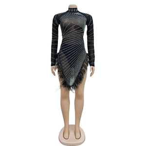 Close-up of black mesh dress featuring sparkling rhinestones and elegant feather trim hem
