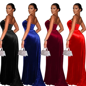 Robe longue bustier en velours élégante en noir, bleu, bordeaux et rouge