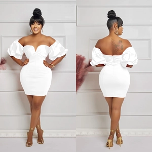Detail view of white off-shoulder puff sleeve mini dress in smooth satin fabric