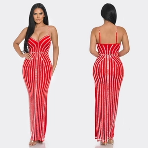 Elegant red maxi dress with silver sequin stripes featuring a deep V-neck and thin straps