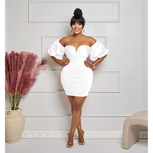 Close-up of white off-shoulder mini dress featuring elegant puff sleeves and a slim fit cut