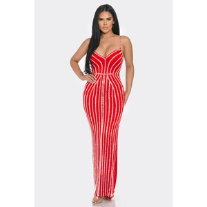 Close-up of red bodycon maxi dress with vertical silver rhinestone stripes and V-neck