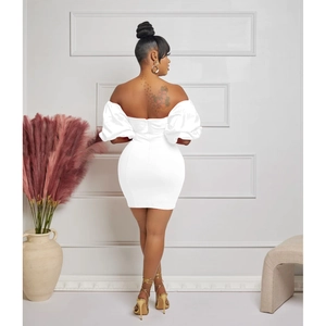 Rear view of white off-shoulder bodycon dress with elegant back ruching and slim fit design