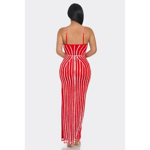 Close-up of red bodycon maxi dress featuring silver sequin vertical stripes on the back