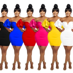 Detail of off-shoulder puff sleeve dress in multiple vibrant colors and elastic fabric