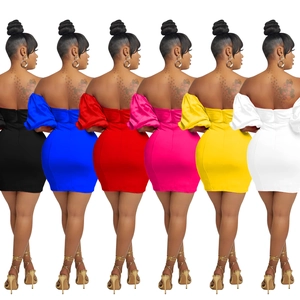 Women's off-shoulder puff sleeve mini dress in six solid colors with ruched back detailing