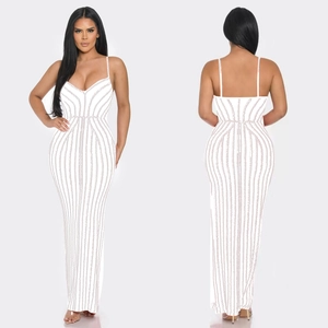 Elegant white slim fit long dress with sparkling rhinestone stripes and deep V-neck