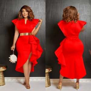 Elegant red ruffle dress with gold belt featuring an asymmetrical fisheye hemline