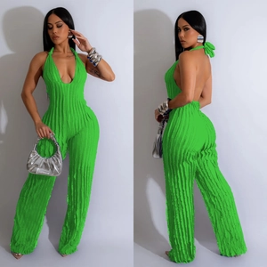Fluorescent green pleated halter jumpsuit with deep V-neck and backless design for women
