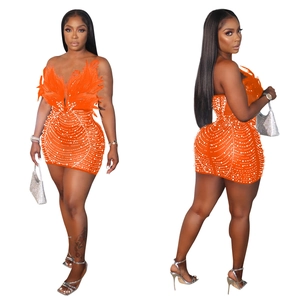 Detail of orange mini dress with feather trim and sequin pearls in front and back view