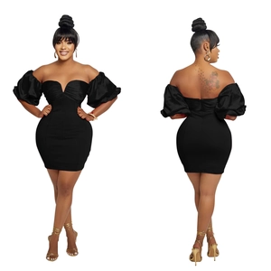 Detailed front and back views of black off-shoulder puff sleeve mini dress with zipper back