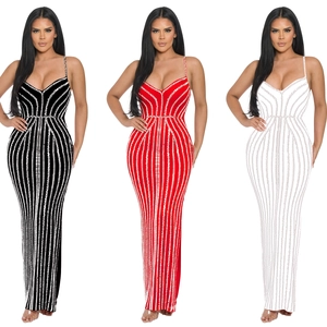Detail showing vertical sequin textures on slim fit fishtail maxi dresses in three colors