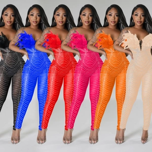 Damen Sexy Trägerloser Strass Netz Jumpsuit Mit Feder Schlauchtop Schlanke Passform Glamouröse Party Clubwear Lange Hose Catsuit