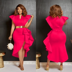 Detail of rose red dress featuring golden metal belt and ruffled hem with irregular slit