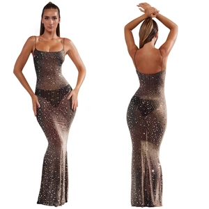 Détails de la robe longue en mesh marron transparent à paillettes argentées et bretelles