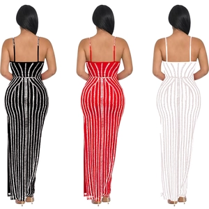 Women's backless sequin evening dresses in black, red and white with vertical stripes