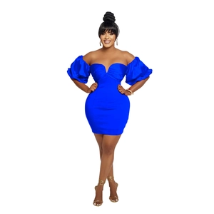 Detail of navy blue puff sleeve off-shoulder mini dress with Ruched v-neckline