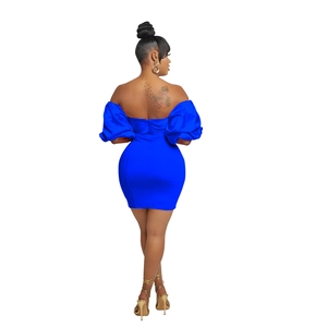 Back view of a royal blue off-shoulder mini dress featuring puffy sleeves and slim fit design