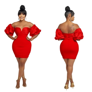 Front and back detail of bright red bodycon mini dress with puff sleeves and back zipper