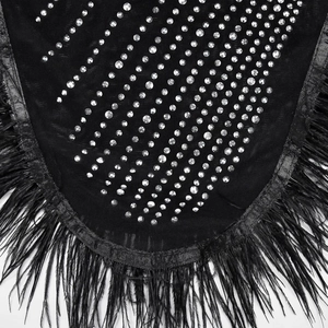 Detailed macro view of black mesh fabric with silver rhinestones and feather trim