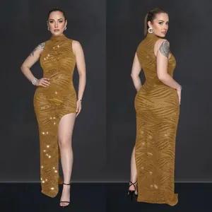 Golden mesh sleeveless maxi dress with rhinestones and high slit, front and back views