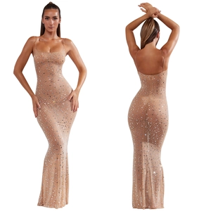 Détails de la robe longue en mesh nude avec strass argentés et coupe ajustée dos nu