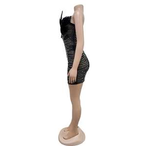 Side view of black mesh mini dress with white rhinestones and elegant feather trim detail