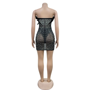 Detailed back view of a black mesh bodycon dress with sparkling rhinestones and feathers