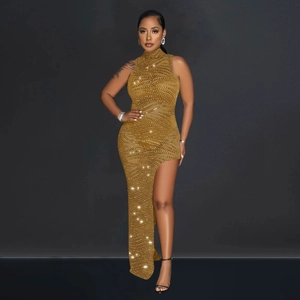 Detail showing wave texture and shimmering rhinestones on a gold high-neck dress